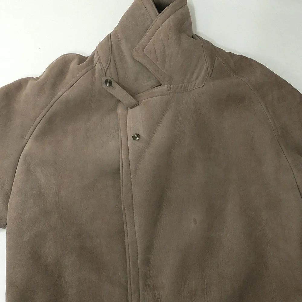 Vintage Shearling Coat USA Made Sawyer Napa Taupe Maxi Oversized Warm SeeMeasure - Picture 15 of 16